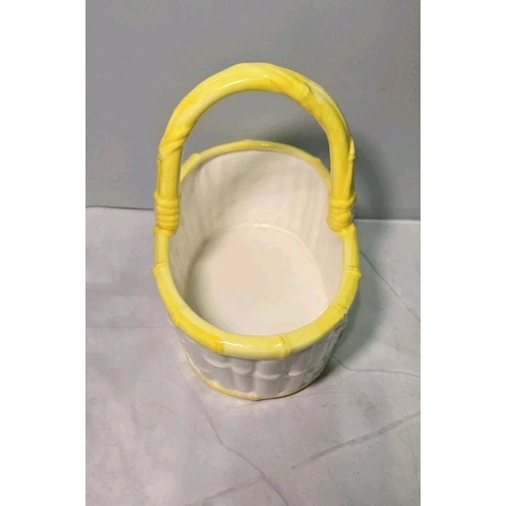 Vin Ltage Fitz And Floyd Ceramic Basket With Handle Yellow And White